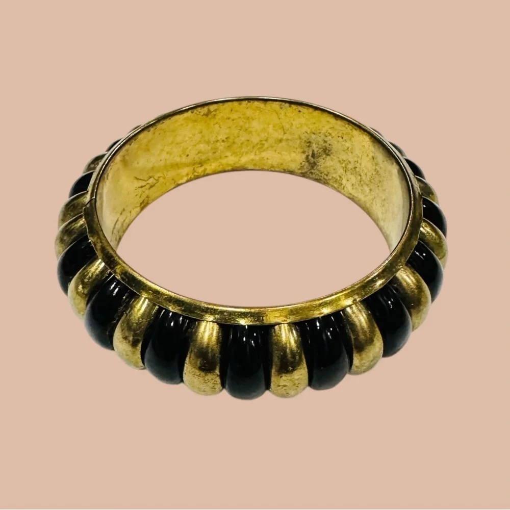 Vintage Gold & Black Chunky Bangle Bracelet | Statement Retro Jewelry